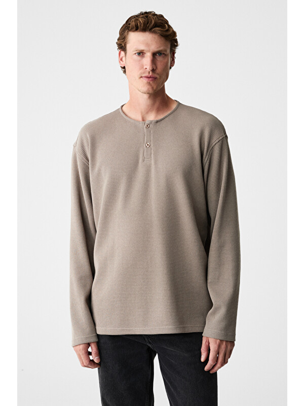GRIMELANGE RENEW Erkek Organik Pamuklu Bisiklet Yaka Yarım Patlı Düğmeli Regular VİZON Sweatshirt