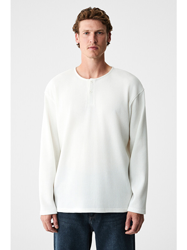GRIMELANGE Erkek Organik Pamuklu Bisiklet Yaka Yarım Patlı Düğmeli Regular BEYAZ Sweatshirt