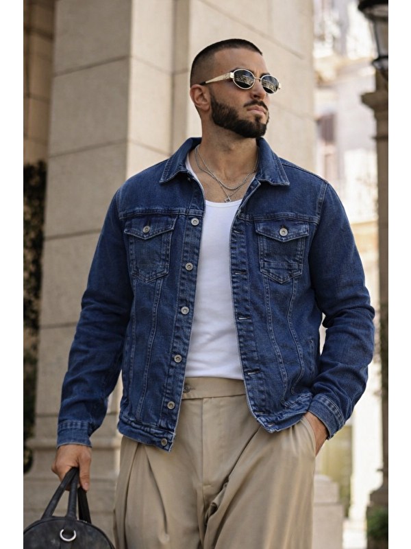 Comstar Erkek Trend Günlük Basic Cepli Dar Lacivert Jean Ceket