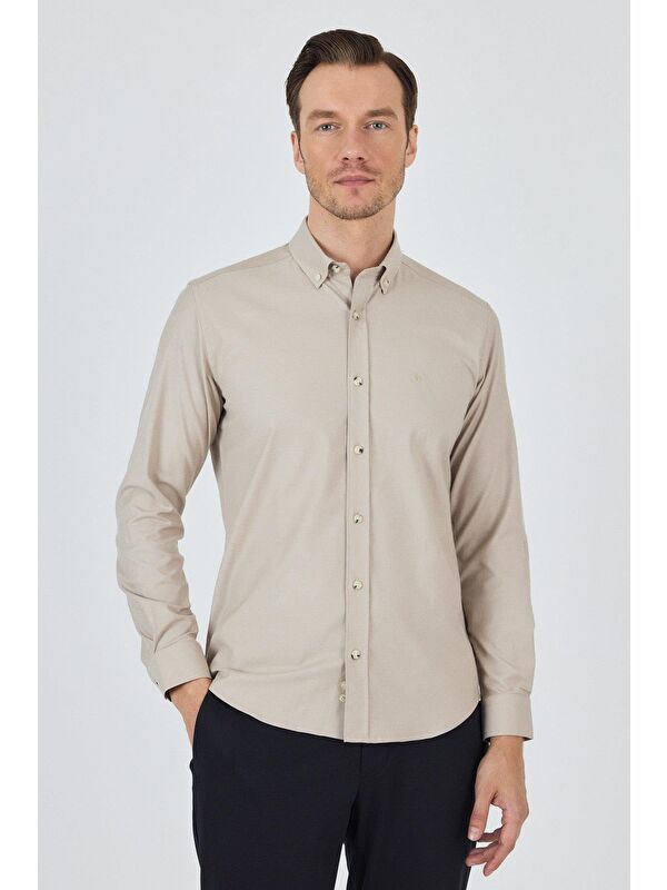 İMZA Uzun Kol Düz Bez Ayağı Düğmeli Yaka Cepsiz Pamuklu Casual Slim Fit Gömlek 1004250212