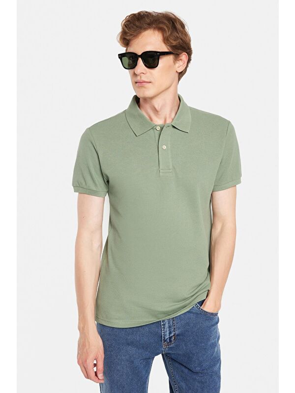 TUDORS Erkek Slim Fit Dar Kesim %100 Pamuk Yeşil Polo Yaka Tişört