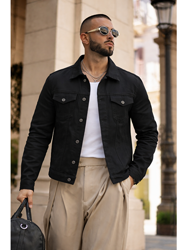 Comstar Erkek Trend Günlük Basic Cepli Dar Siyah Jean Ceket