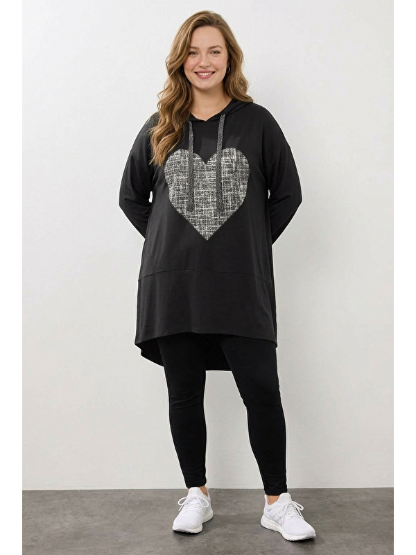 Stil Diva V Yaka Uzun Kollu Kapüşonlu Tunik Sweatshirt