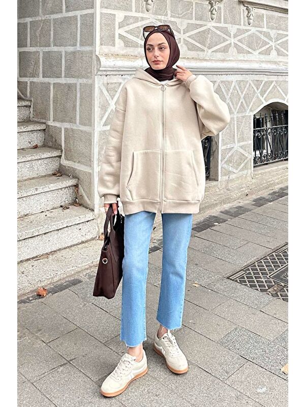 Lamelif Kapüşonlu Oversize Yan Cepli Sweat Bej