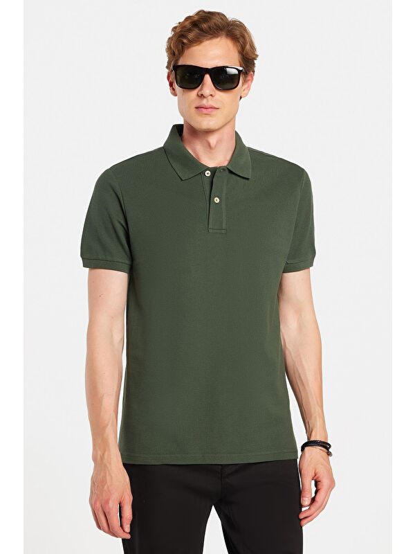 TUDORS Erkek Slim Fit Dar Kesim %100 Pamuklu Yeşil Polo Yaka Tişört