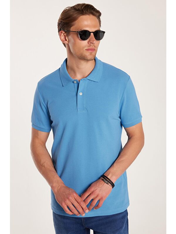 TUDORS Erkek Slim Fit Dar Kesim %100 Pamuk Mavi Polo Yaka Tişört