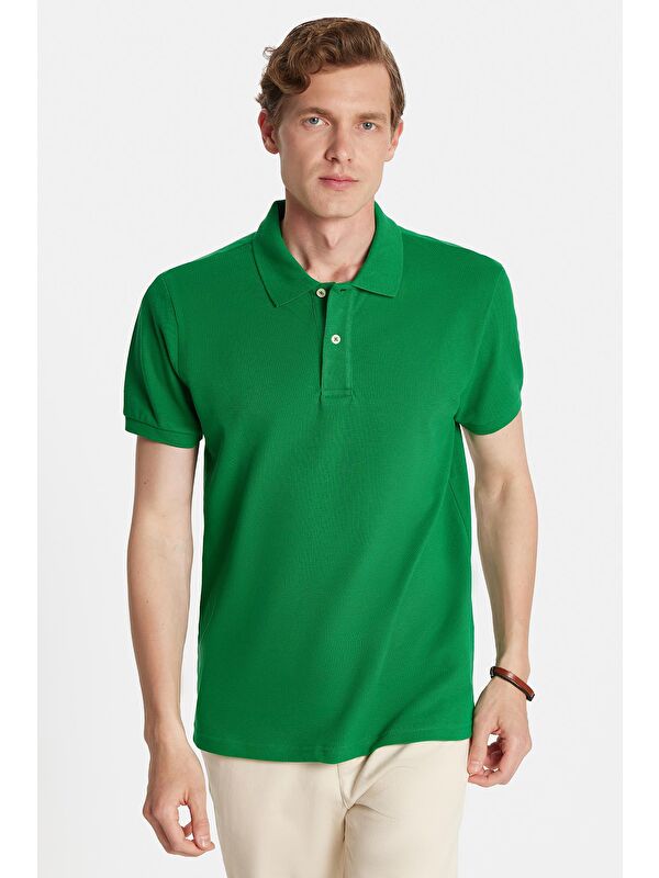 TUDORS Erkek Slim Fit Dar Kesim %100 Pamuk Yeşil Polo Yaka Tişört