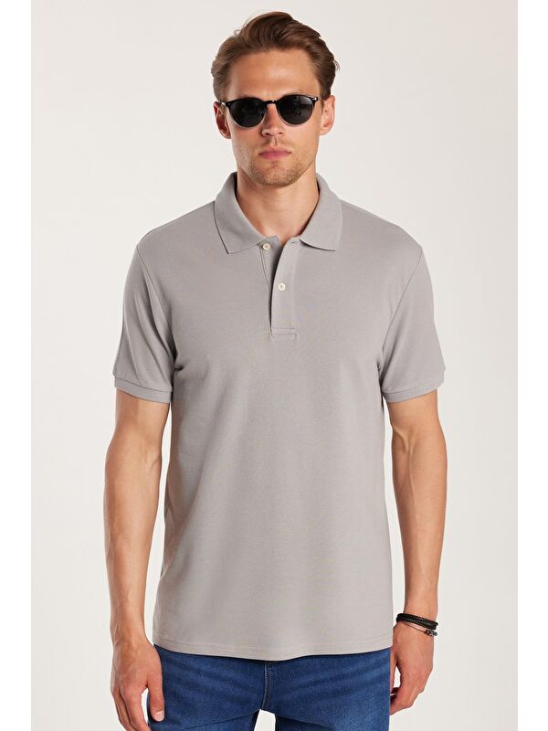 TUDORS Erkek Slim Fit Dar Kesim %100 Pamuk Gri Polo Yaka Tişört