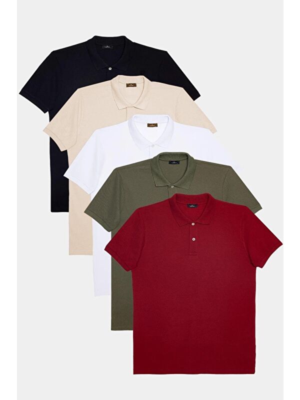 TUDORS Erkek 5'Li Paket Siyah-Beyaz-Taş-Haki-Bordo Slim Fit Dar Kesim Pamuklu Düz Pike Polo Yaka Tişört