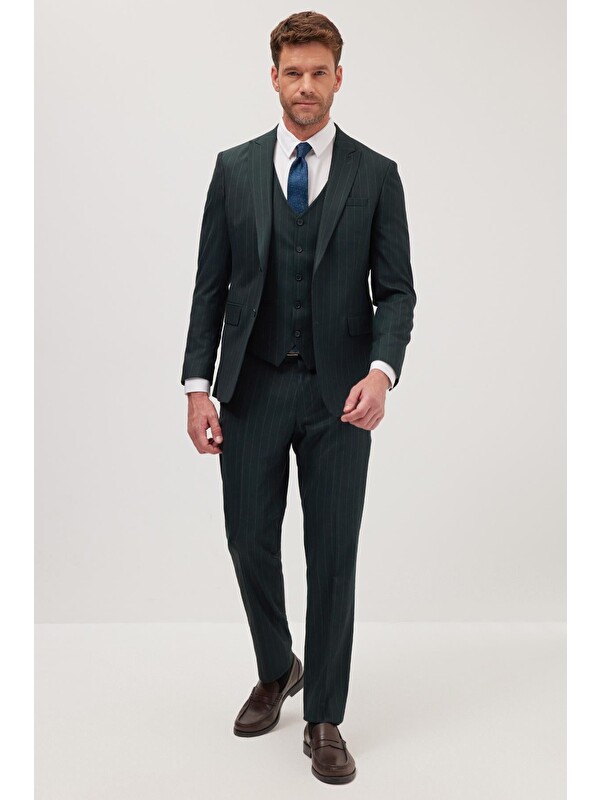 TUDORS Erkek Slim Fit Haki Esnek Elastanlı Kumaş Sivri Yaka Yelekli Takım Elbise