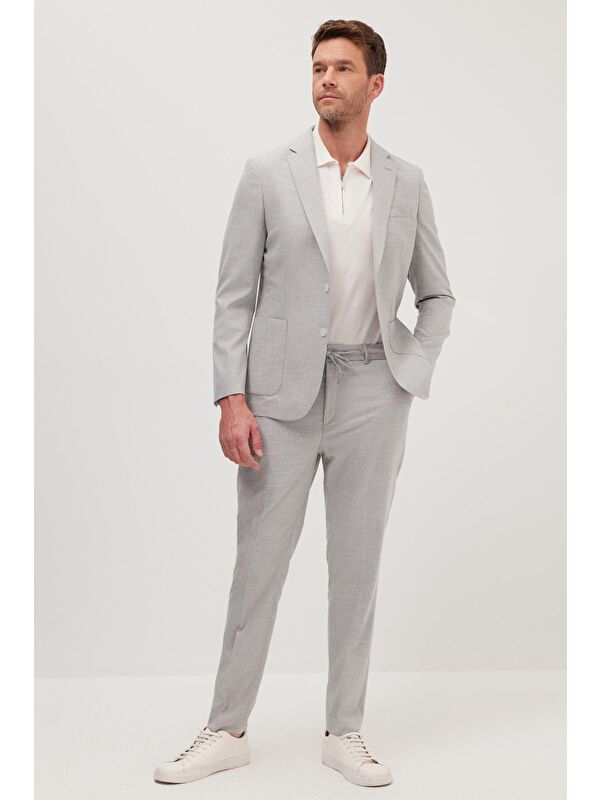 TUDORS Erkek Slim Fit Mono Yaka Elastanlı Esnek Kumaş Gri Takım Elbise