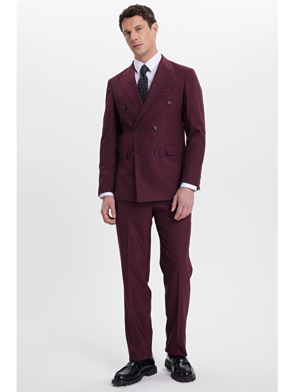 TUDORS Erkek Slim Fit Sivri Yaka Çizgili Kapaklı Cepli Bordo Takım Elbise