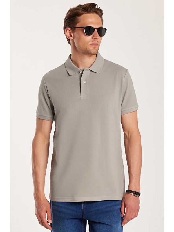 TUDORS Erkek Slim Fit Dar Kesim %100 Pamuk Gri Polo Yaka Tişört