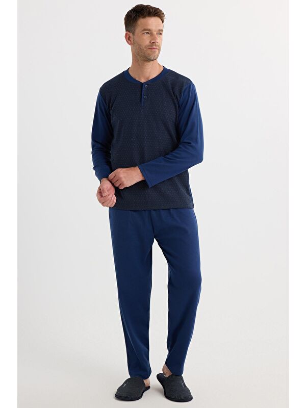 TUDORS Erkek Regular Fit Pamuklu Düğmeli Yaka Beli Lastikli Desenli İndigo Pijama Takımı