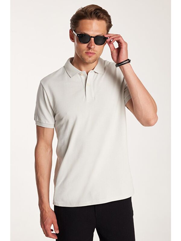 TUDORS Erkek Slim Fit Dar Kesim %100 Pamuk Gri Polo Yaka Tişört