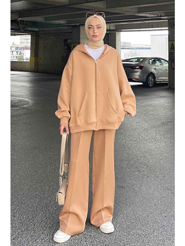 Lamelif Kapüşonlu Oversize Yan Cepli Sweat Sütlü Kahve