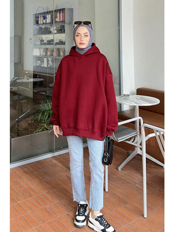 Lamelif Kapüşonlu Salaş Sweatshirt Bordo