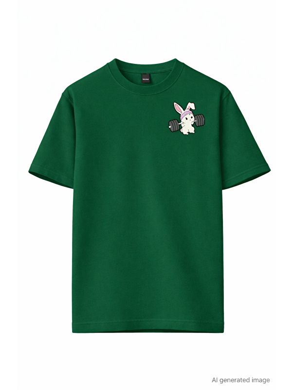 Oksit Yeşil Gym BunnyHalter Kaldıran Tavşan Baskılı Unisex  Pamuklu Tişört-18194