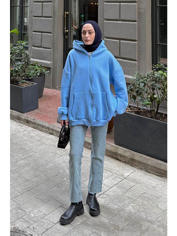 Lamelif Kapüşonlu Oversize Yan Cepli Sweat Bebe Mavisi