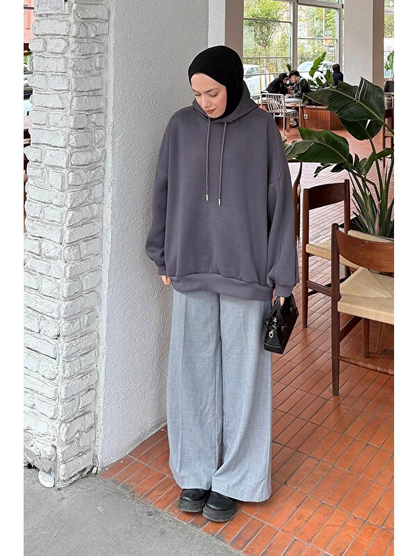 Lamelif Kapüşonlu Oversize Yan Cepli Sweat Antrasit