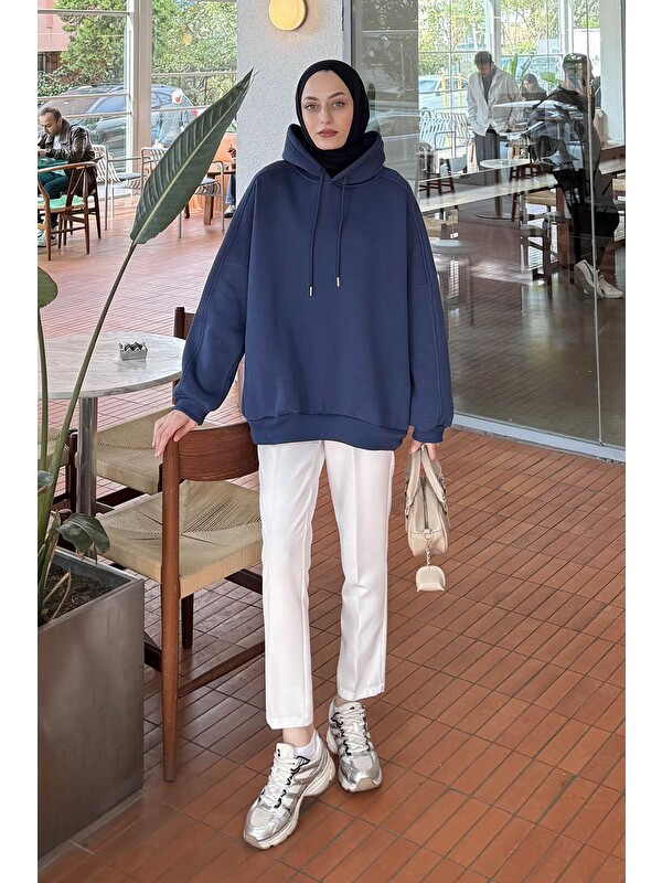 Lamelif Kapüşonlu Oversize Yan Cepli Sweat İndigo
