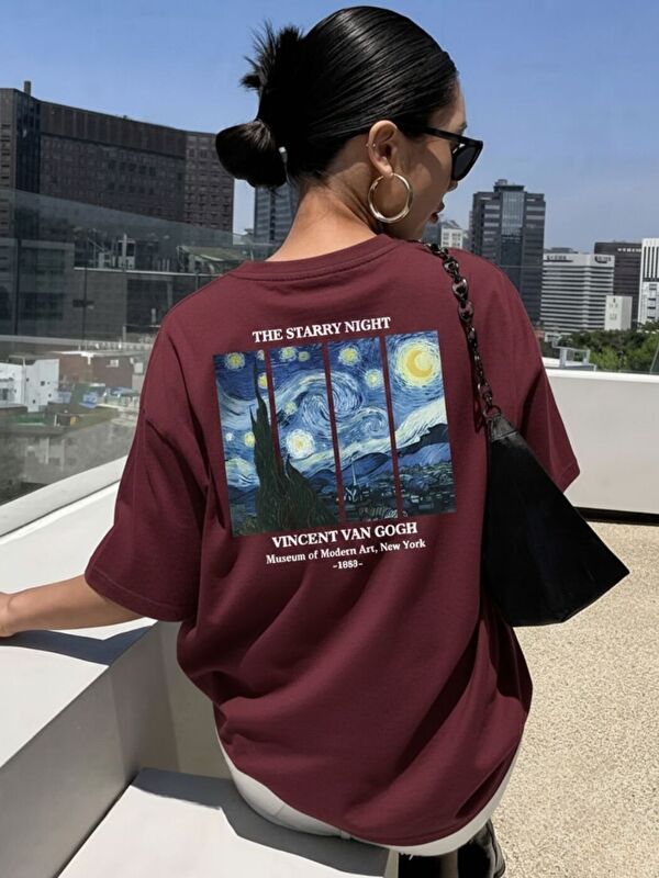 Trendseninle Kadın Bordo Van Gogh Özel Baskı Pamuklu Tişört