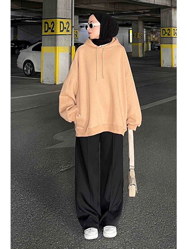 Lamelif Kapüşonlu Oversize Yan Cepli Sweat Sütlü Kahve