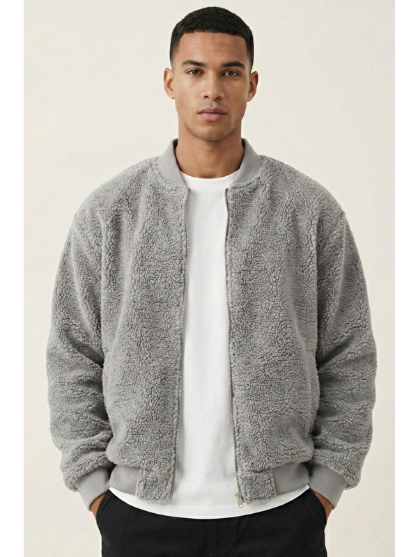 Genius Store Erkek Bomber Mont Pelüş İçi Astarlı Oversize Geniş Kalıp Sherpa Kuzu Kumaş Spor Mont