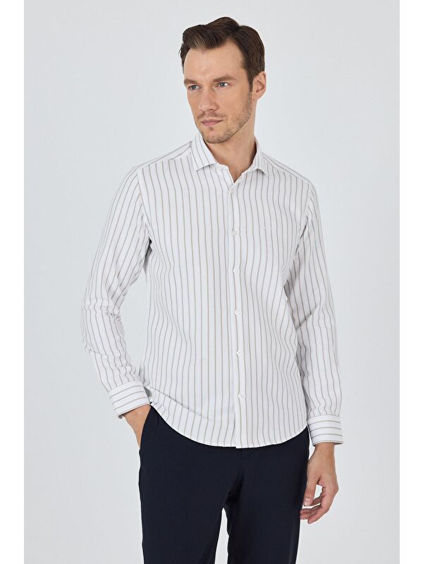 İMZA Açık Bej Yarım İtalyan Yaka Çizgili Desen Casual Slim Fit Gömlek 1004250216