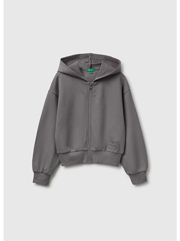 United Colors Of Benetton Kız Çocuk Koyu Gri Ribanalı Kapüşonlu Fermuarlı Sweatshirt