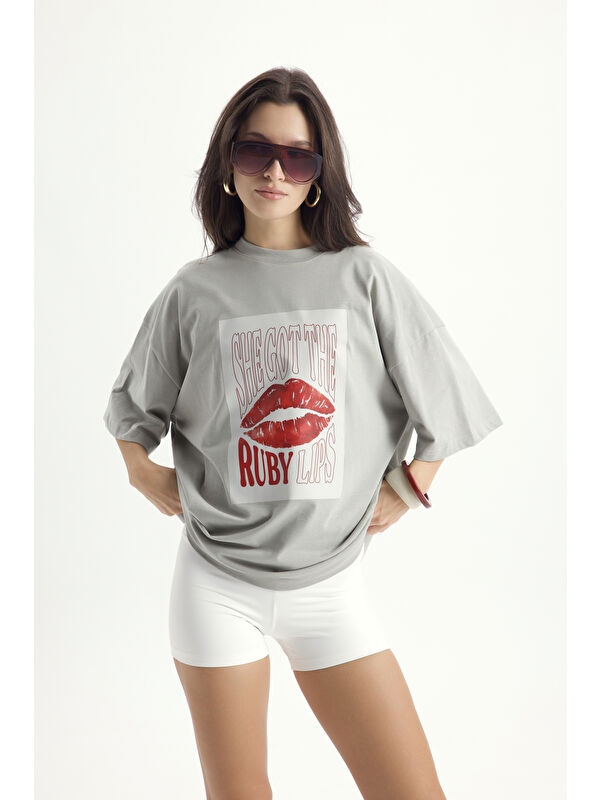 Mai Collection Lip Print Oversize Gri T-Shirt