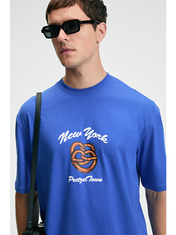 GRIMELANGE CRISP Erkek Oversize %100 Pamuk Baskılı Yuvarlak Yaka SAKS T-Shirt