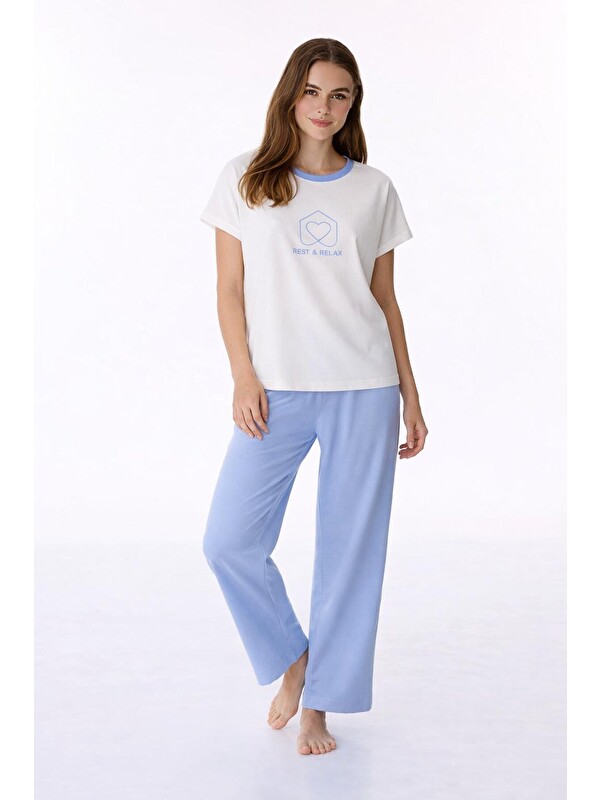 carla10 Kadın Kısa Kollu Uzun Pantolonlu Pamuklu Pijama Takımı – Rest & Relax Baskılı Mavi