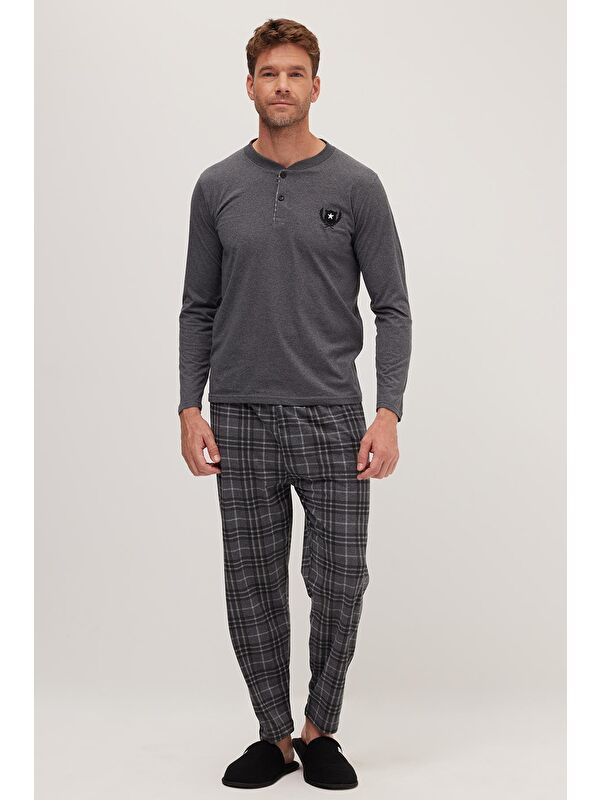 TUDORS Erkek Regular Fit Pamuklu Düğmeli Yaka Beli Lastikli Desenli Gri Pijama Takımı