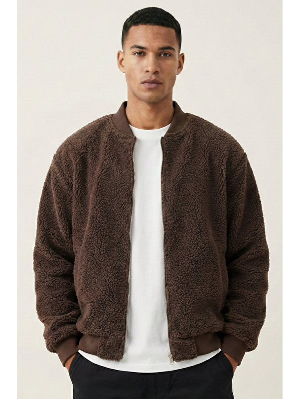 Genius Store Erkek Bomber Mont Pelüş İçi Astarlı Oversize Geniş Kalıp Sherpa Kuzu Kumaş Spor Mont