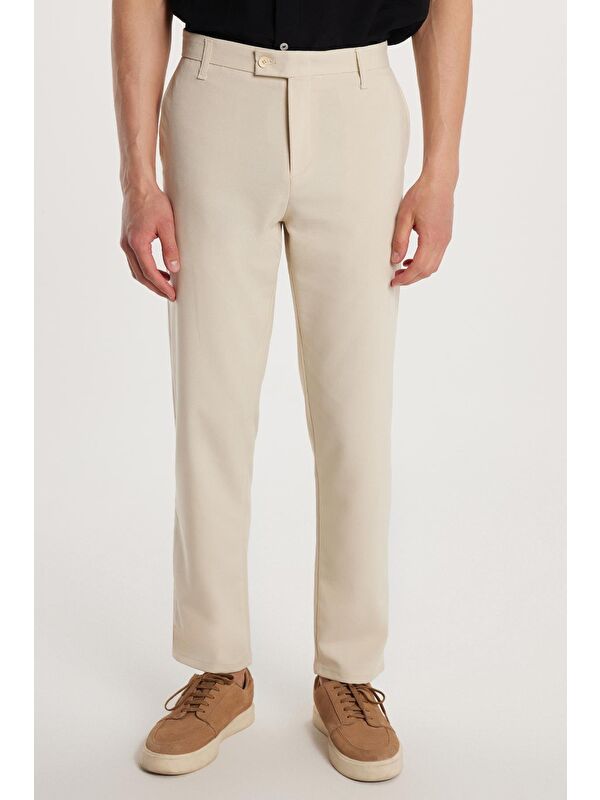 TUDORS Erkek Slim Fit Dar Kesim Esnek Yan Cepli Bilek Boy Canvas Kesim Koyu Bej Pantolon