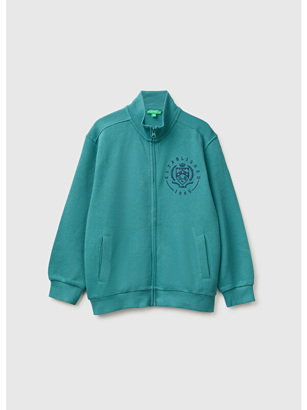 United Colors Of Benetton Erkek Çocuk Petrol Yeşili Önü İşlemeli Ribanalı Cepli Fermuarlı Dik Yaka Sweatshirt