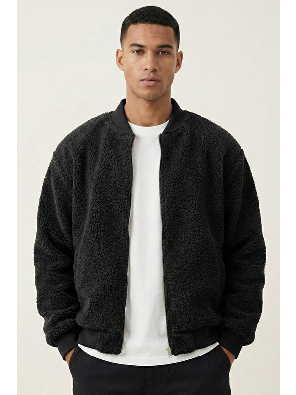 Genius Store Erkek Bomber Mont Pelüş İçi Astarlı Oversize Geniş Kalıp Sherpa Kuzu Kumaş Spor Mont