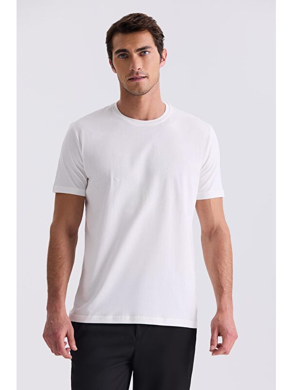 JAKAMEN Ekru Slim Fit Bisiklet Yaka T-Shirt