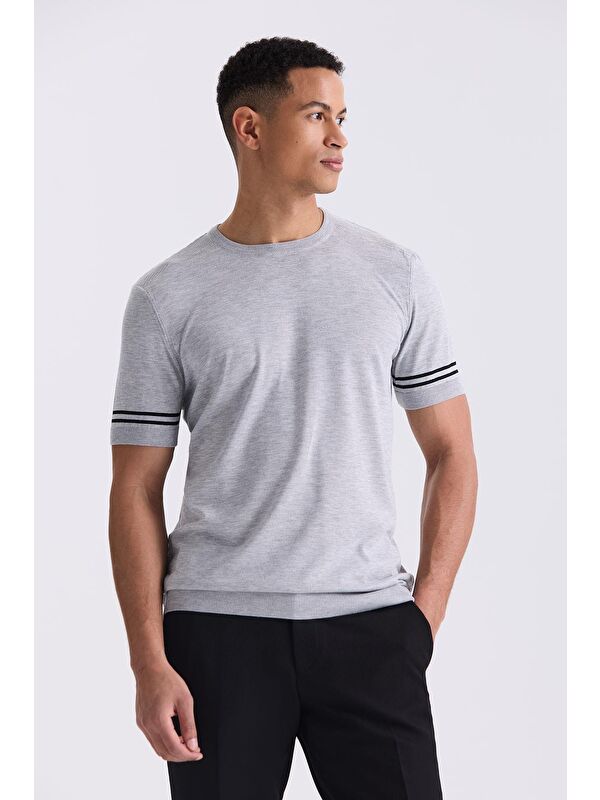 JAKAMEN Gri Slim Fit Bisiklet Yaka T-Shirt