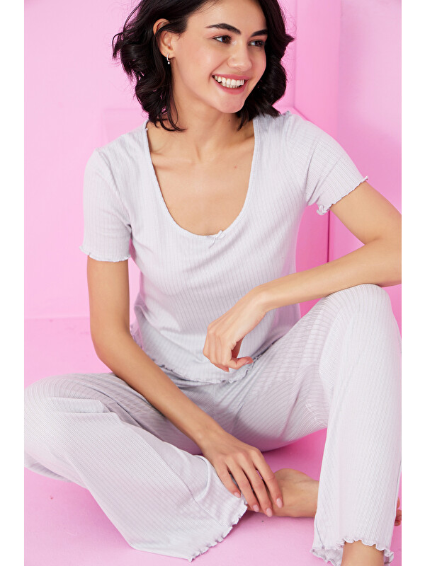 Siyah İnci gri Soft Touch İnce Mevsimlik Örme Pijama Takım7869