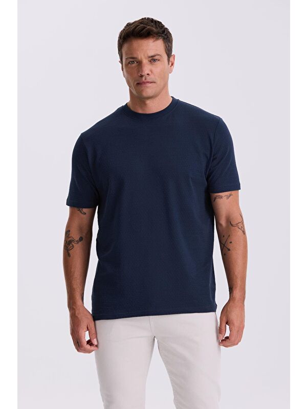JAKAMEN Lacivert %100 Pamuk Desenli Bisiklet Yaka T-Shirt