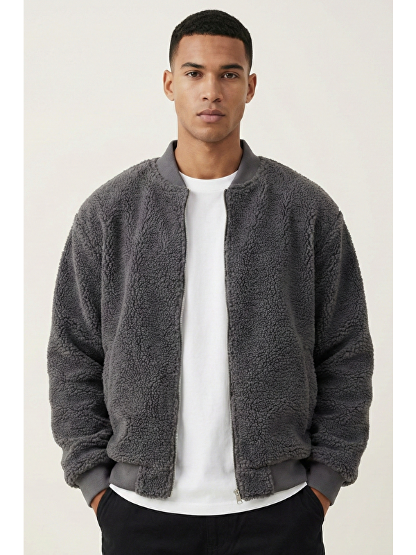 Genius Store Erkek Bomber Mont Pelüş İçi Astarlı Oversize Geniş Kalıp Sherpa Kuzu Kumaş Spor Mont
