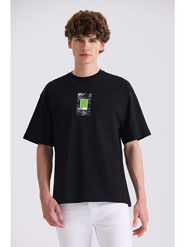 JAKAMEN Siyah Baskılı Bisiklet Yaka T-Shirt