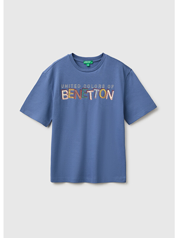 United Colors Of Benetton Erkek Çocuk Mavi Önü Nakışlı Kısa Kollu Tişört