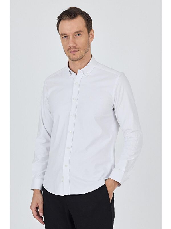 İMZA Uzun Kol Düz Bez Ayağı Düğmeli Yaka Cepsiz Pamuklu Casual Slim Fit Gömlek 1004250212