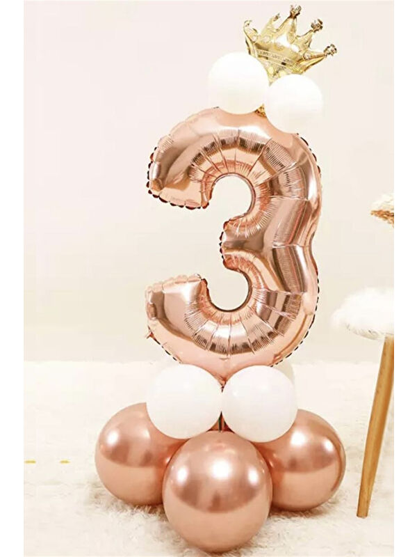 Le Mabelle Rose 3 Rakamı Taçlı Balon Set