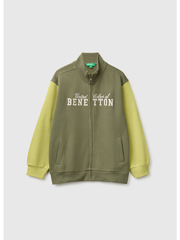 United Colors Of Benetton Erkek Çocuk Haki Önü İşlemeli Ribanalı Cepli Fermuarlı Dik Yaka Sweatshirt