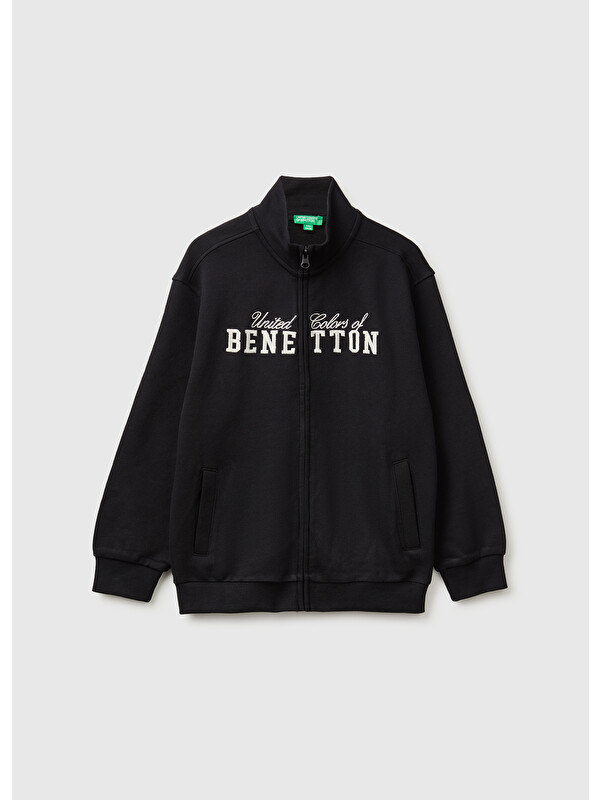 United Colors Of Benetton Erkek Çocuk Siyah Önü İşlemeli Ribanalı Cepli Fermuarlı Dik Yaka Sweatshirt