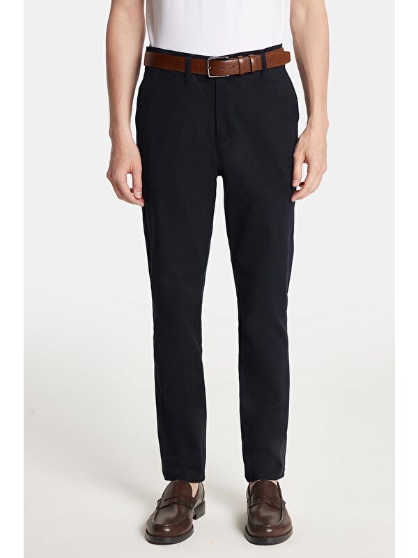 TUDORS Erkek Slim Fit Chino Esnek Yandan Cepli Önü Fermuarlı Pamuklu Dokulu Lacivert Pantolon